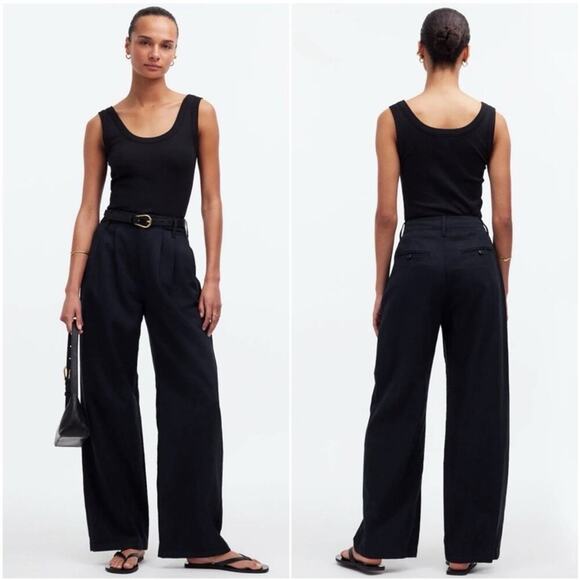 Madewell Harlow Wide Leg Pants NG521 Pleated Cotton Linen Black Womens Size 6T